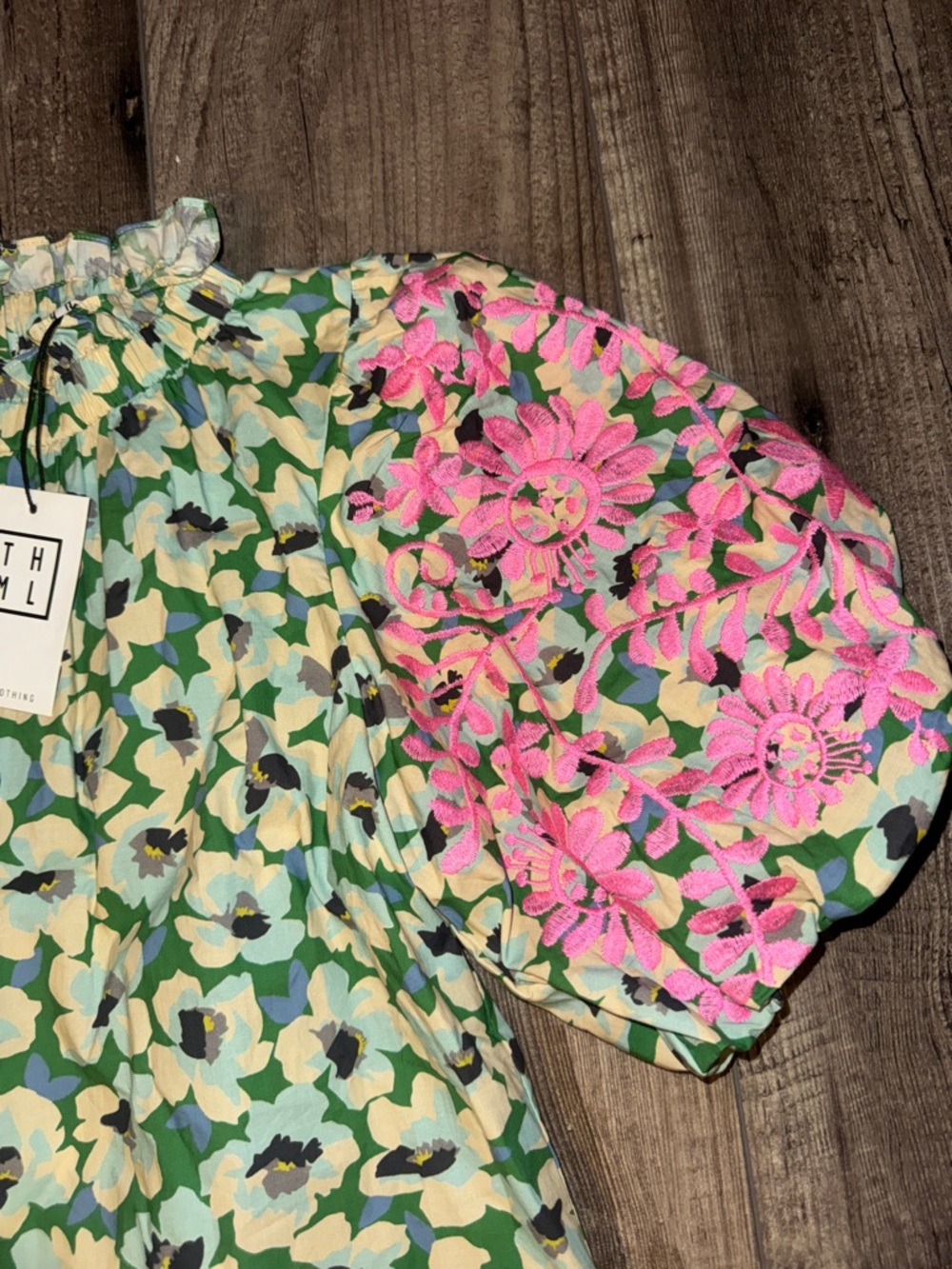 THML Green Floral Blouse with Pink Embroidered Puff Sleeves - Picture 2 of 5